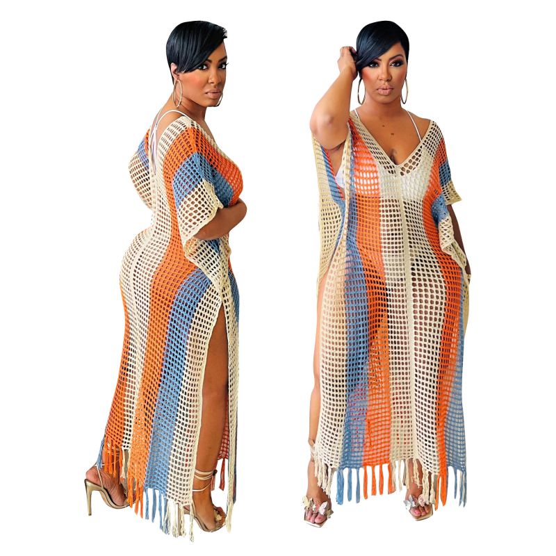 Fashion Light Blue And Orange Stripes Striped Fringed Knitted Long Skirt
