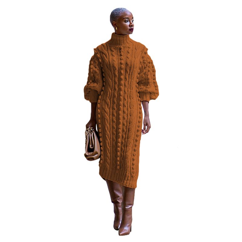Fashion Light Brown Polyester Turtleneck Slit Knitted Long Skirt