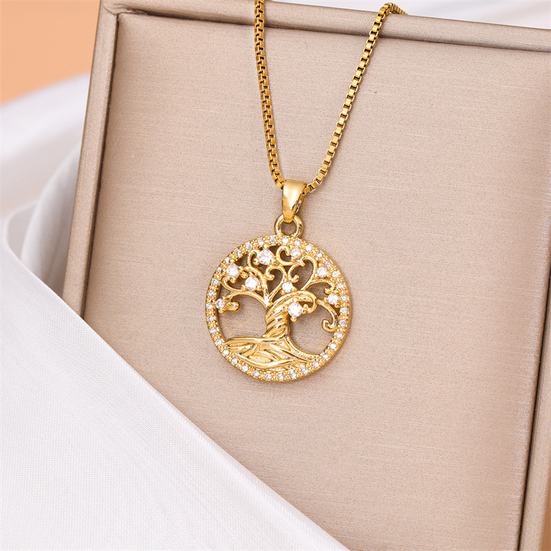 Fashion Gold Stainless Steel Zirconium Tree Of Life Necklace