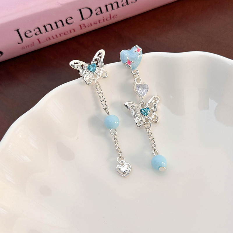 Fashion Blue Model Copper Diamond Butterfly Earrings