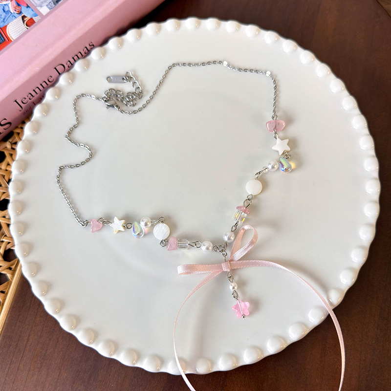 Fashion Pink Bow Pearl Shell Beaded Bow Necklace
