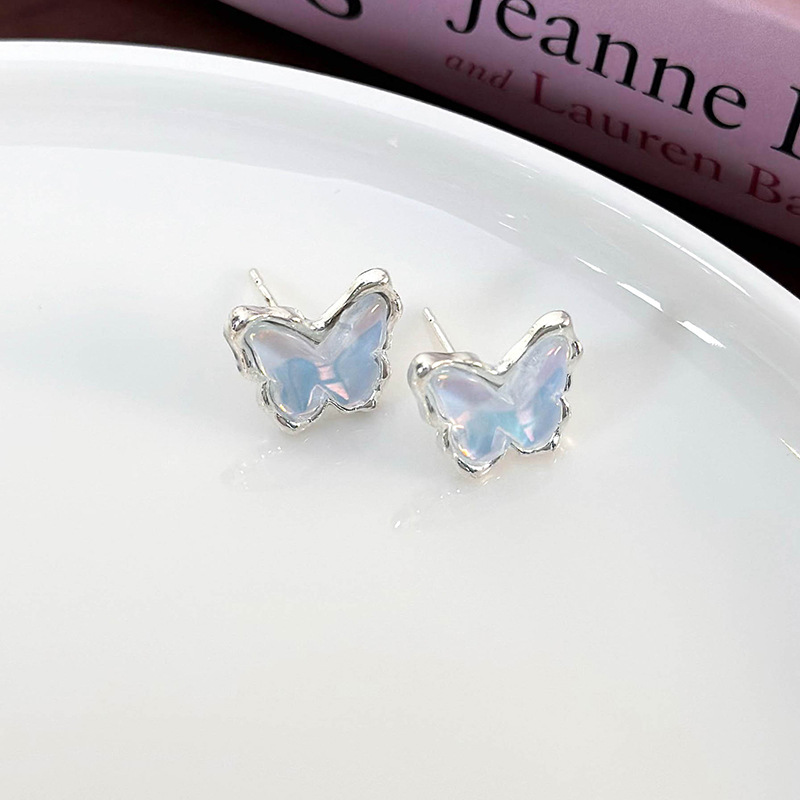 Fashion D Blue Butterfly On Silver Background Laser Butterfly Earrings