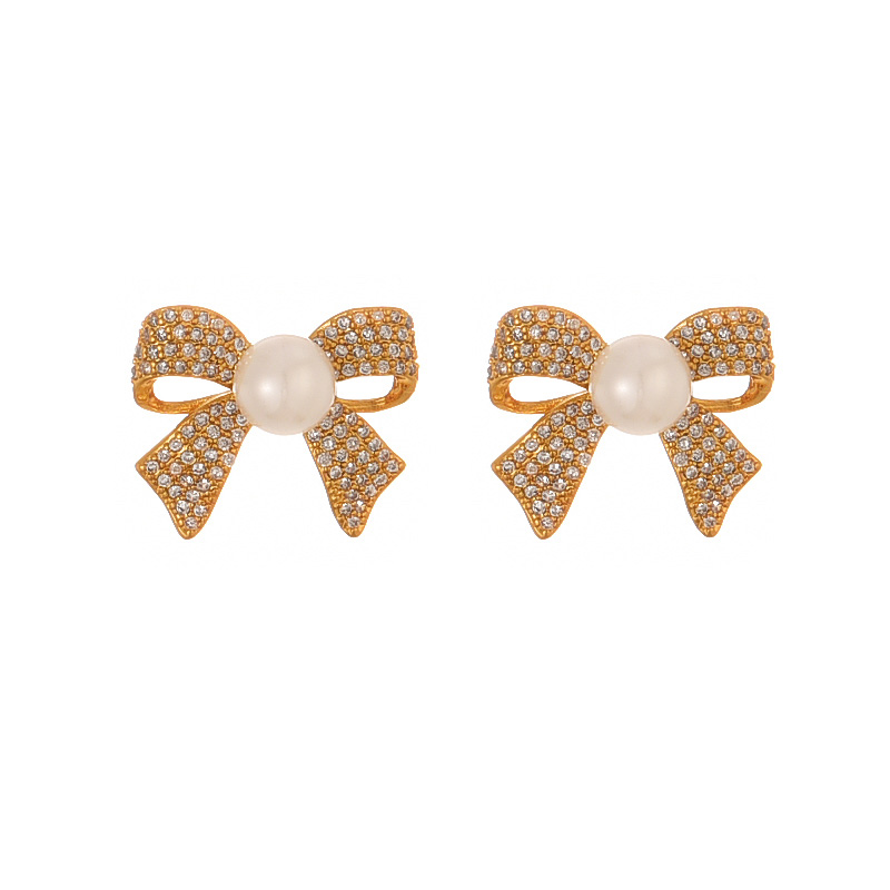 Fashion Gold Copper Set Zircon Bow Pearl Earrings