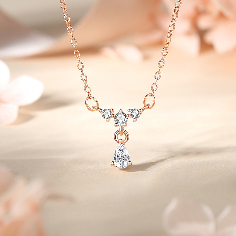 Fashion Rose Gold (with Cross Chain) Silver And Diamond Drop Necklace
