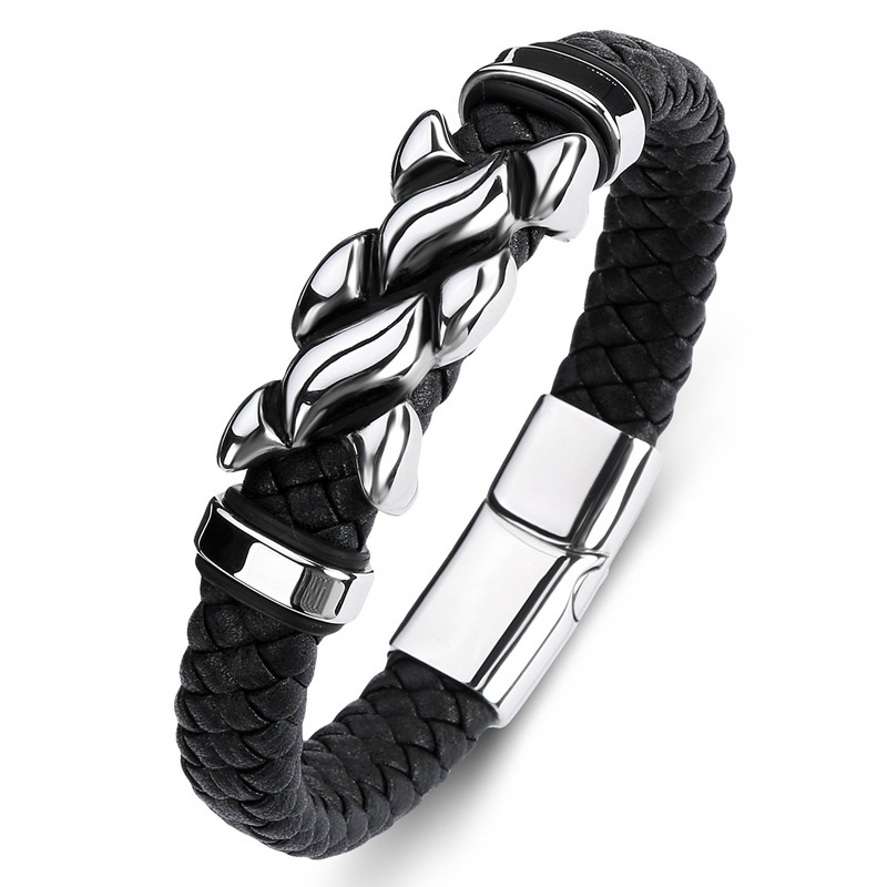 Fashion Black Leather Braided Magnetic Clasp Men's Bracelet