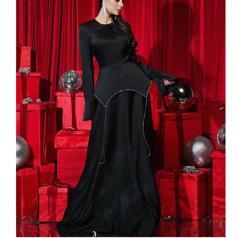 Fashion Black Polyester Long Sleeve Diamond Chain Dress