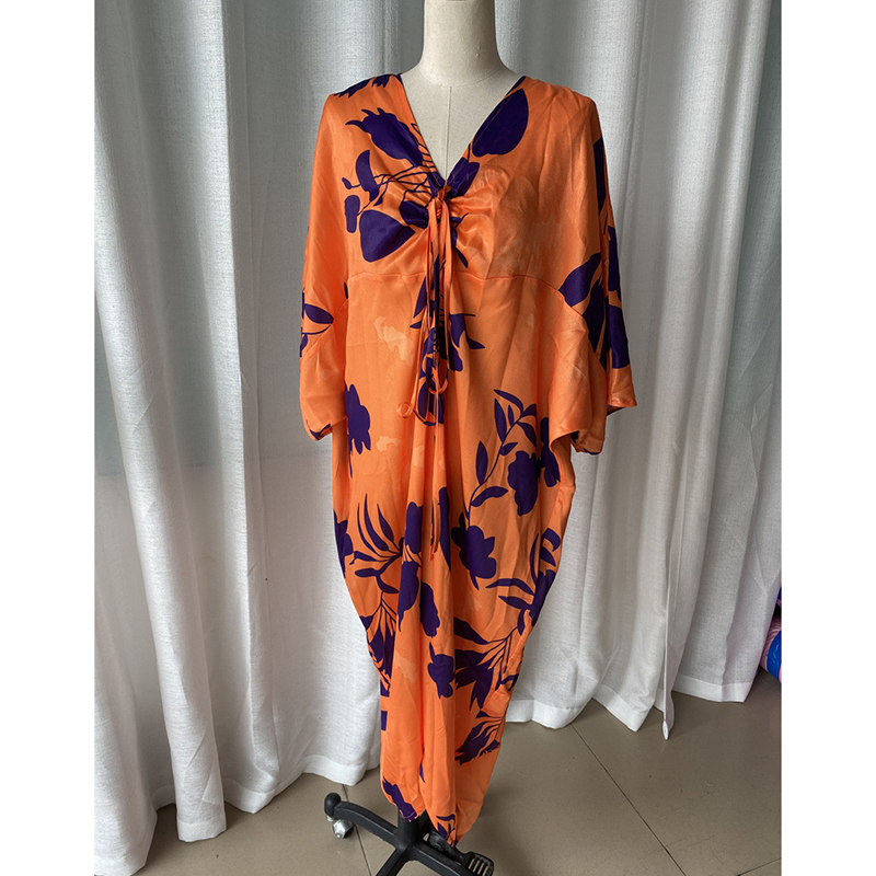 Fashion Orange Color Polyester Printed Drawstring Irregular Long Skirt