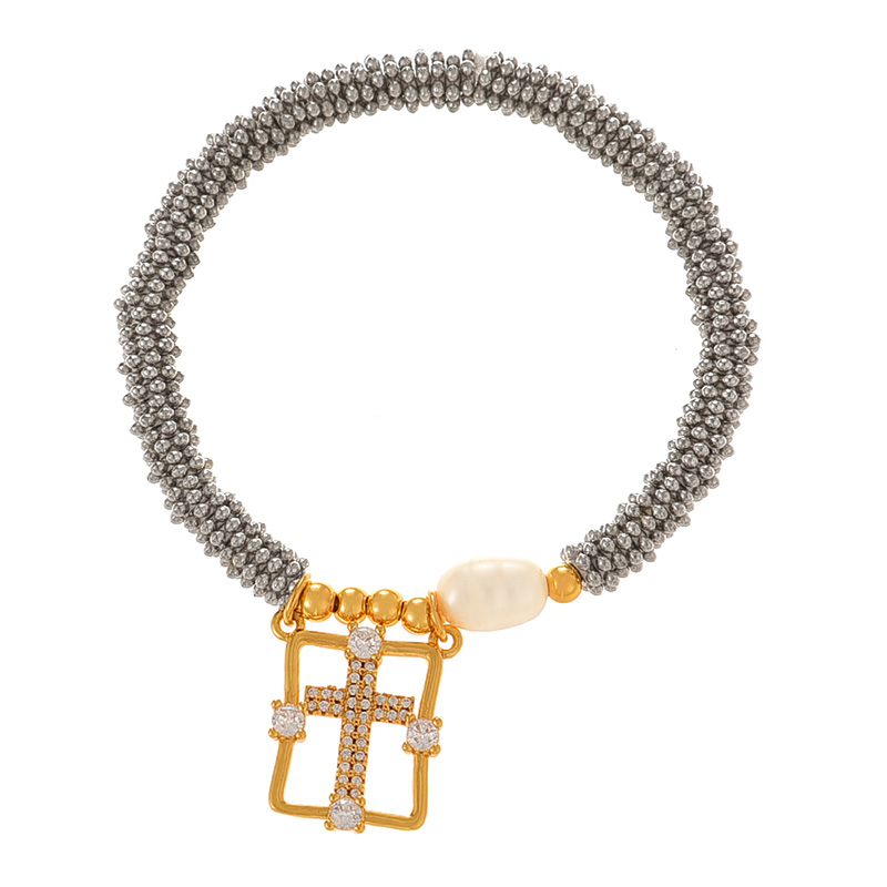 Fashion Golden 7 Copper Square Cross Bead Pendant Pearl Bracelet