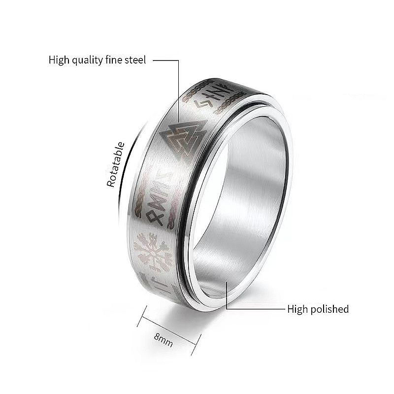 Fashion 8mm Steel Color Viking Turn Stainless Steel Printed Round Ring