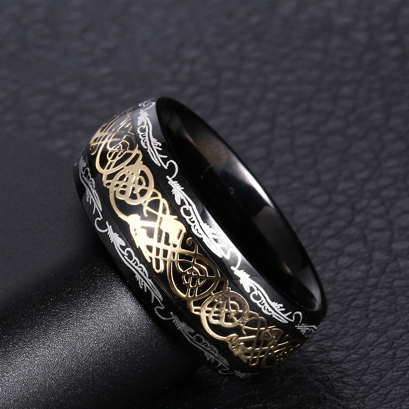 Fashion 8mm Golden Dragon Pattern Stainless Steel Dragon Pattern Round Men's Ring