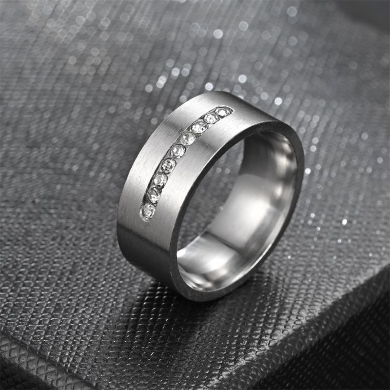 Fashion 8mm Steel Color Diamond Stainless Steel Diamond Round Men's Ring