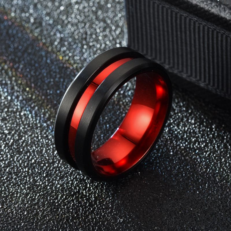 Fashion 8mm Red And Black Stainless Steel Round Men's Ring