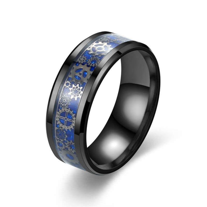 Fashion Black Film On Blue Background Stainless Steel Gear Men's Ring