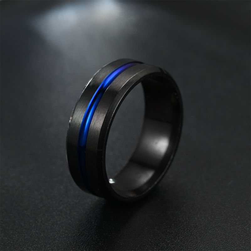 Fashion 8mm Double Beveled Black With A Blue Line Between Them Stainless Steel Round Men's Ring