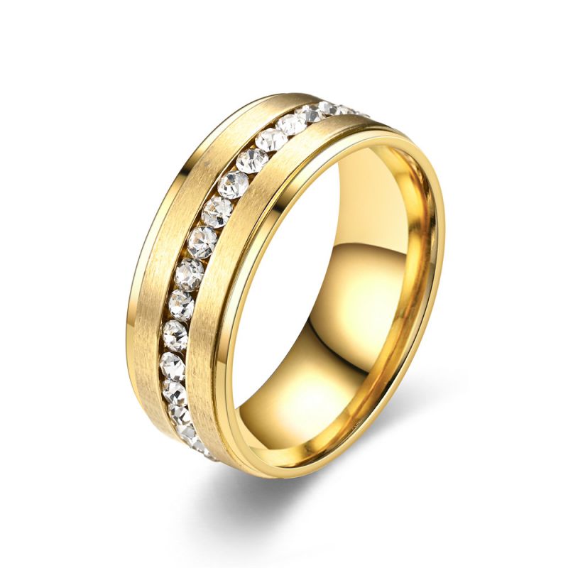 Fashion 8mm Gold Stainless Steel Diamond Round Ring
