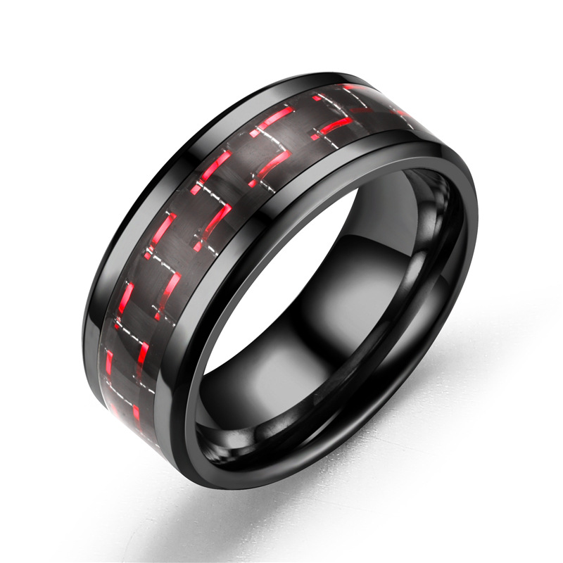 Fashion Black Red Silk Titanium Steel Geometric Texture Round Men's Ring