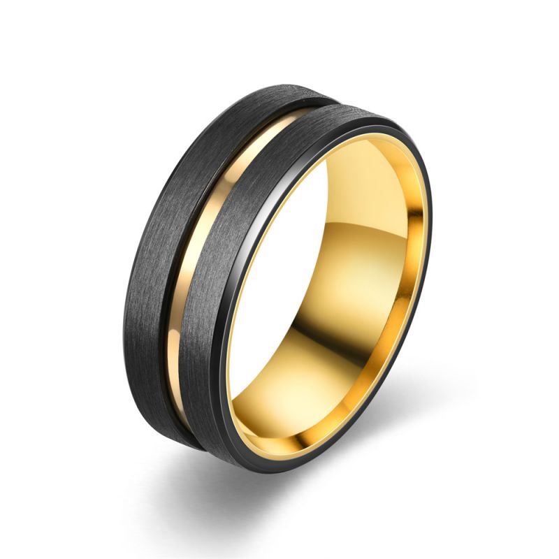 Fashion 8mm Black Gold Stainless Steel Round Men's Ring