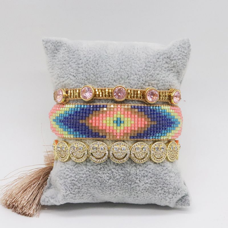 Fashion Suit Colorful Rice Beads Woven Smiley Face Strap Bracelet Set