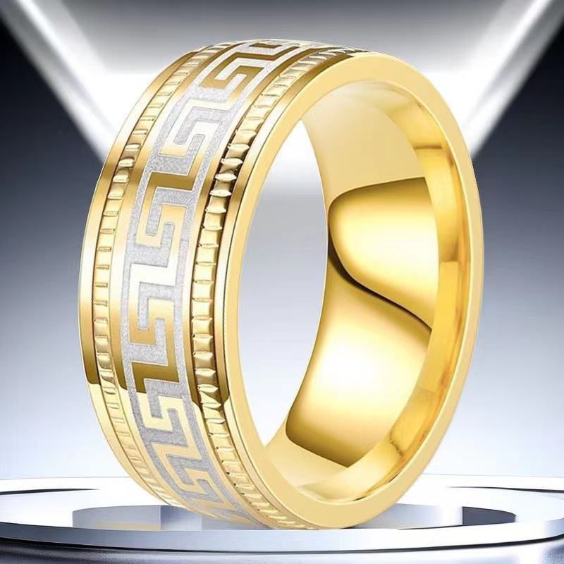 Fashion Embossed Great Wall Gold Stainless Steel Geometric Round Men's Ring