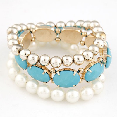 Huge Blue Gemstone Pearl Decorated Elastic Design
