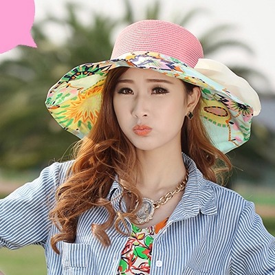 Milly Pink Flower Printed Brim With Big Bow Design