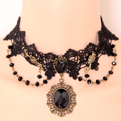 Slacks black gemstone decorated lace design