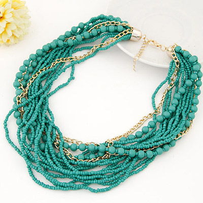 Wool Green Beads Decorated Multilayer Design Alloy Beaded Necklaces