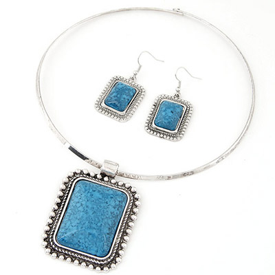 Real Blue Square Pendant Simple Design Alloy Jewelry Sets