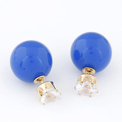 Preppy Blue Diamond Decorated Round Shape Design Alloy Stud Earrings