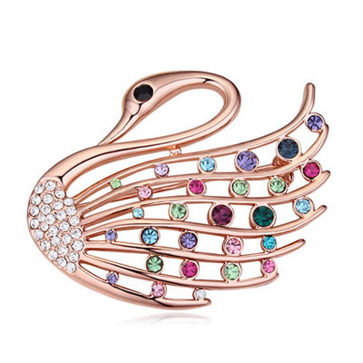Active Multicolor & Rose Gold Diamond Decorated Swan Shape Design Alloy Crystal Brooches