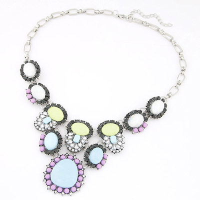 Brown Light Blue Gemstone Decorated Oval Shape Design Alloy Bib Necklaces