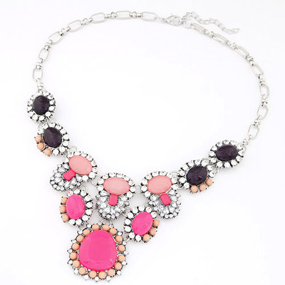 Foldable Plum Red Oval Shape Gemstone Decorated Simple Design Alloy Bib Necklaces