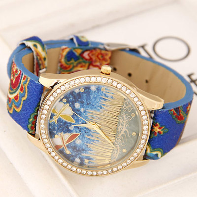 Travel Blue Diamond Decorated Dragonfly Pattern Design Alloy Ladies Watches