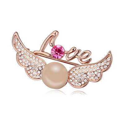 Micro Copper & Rose Gold Pearl Decorated Wings Shape Design Alloy Crystal Brooches