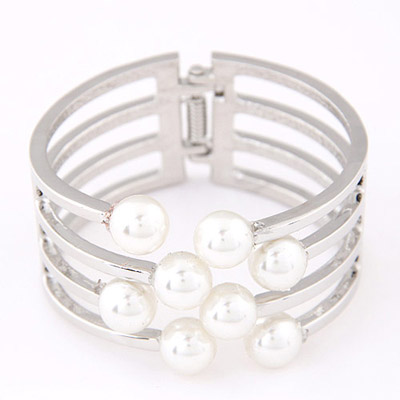 Plussize Silver Color Pearl Decorated Multilayer Design Alloy Fashion Bangles
