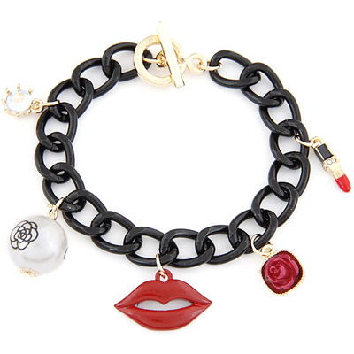 Correspond Red & Black Lips Shape Decorated Simple Design Alloy Korean Fashion Bracelet