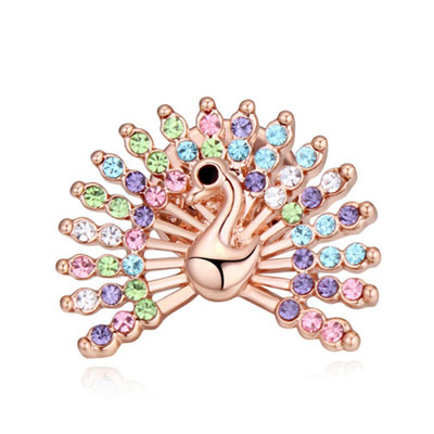 Beautiful Multicolor & Rose Gold Diamond Decorated Peacock Shape Design Alloy Crystal Brooches