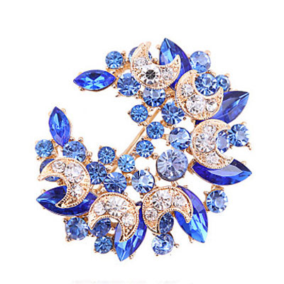 Human Blue Diamond Decorated Meniscus Shape Design Alloy Crystal Brooches