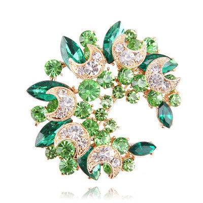 Uniqe Green Diamond Decorated Meniscus Shape Design Alloy Crystal Brooches