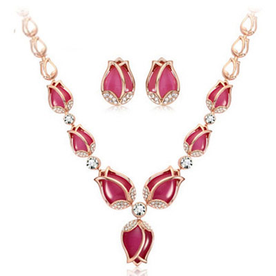 Boutique Plum Red Diamond Decorated Flower Design Alloy Jewelry Sets