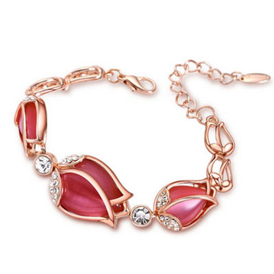Boutique Plum Red Diamond Decorated Flower Design Alloy Korean Fashion Bracelet