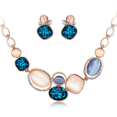 Brilliant Navy Blue Diamond Decorated Oval Shape Design Alloy Jewelry Sets