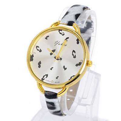 Classical Silver Color & Black Leopard Pattern Simple Design Pu Ladies Watches