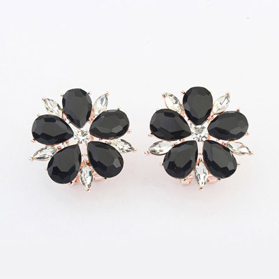Bendable Black Diamond Decorated Flower Design Alloy Stud Earrings