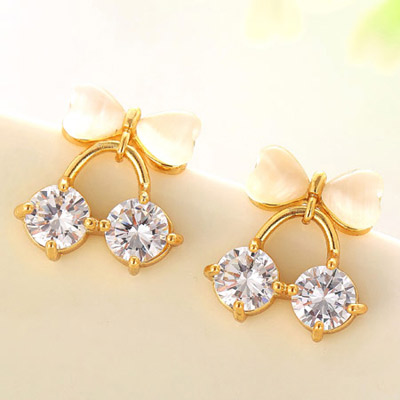 Sweet Champagne Gold Diamond Decorated Bowknot Shape Design  Cuprum Fashion earrings