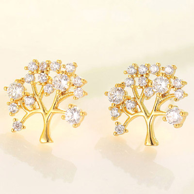 Boutique Champagne Gold Diamond Decorated Tree Shape Design  Cuprum Fashion earrings