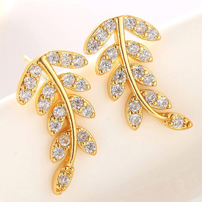 Classic Champagne Gold Diamond Decorated Leaf Shape Design  Cuprum Fashion earrings