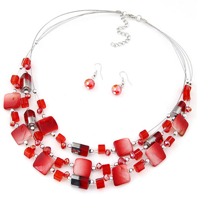 Bohemia Red Gemstone Decorated Square Shape Multilayer Design  Alloy Jewelry Sets
