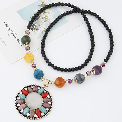 Sweet Multicolor Beads Decorated Round Shape Pendant Design Alloy Beaded Necklaces