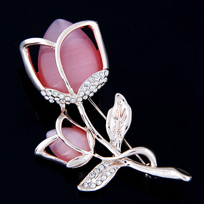 Exquisite Light Watermelon Red Diamond Decorated Hollow Out Flower Design  Alloy Korean Brooches